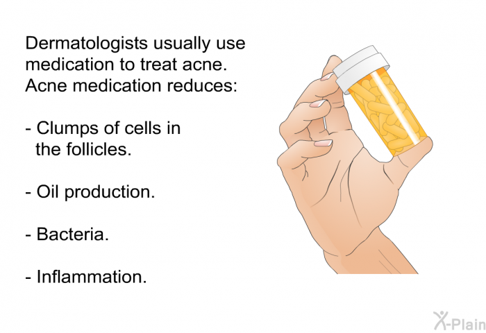 Dermatologists usually use medication to treat acne. Acne medication reduces:  Clumps of cells in the follicles. Oil production. Bacteria. Inflammation.