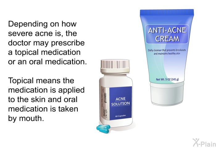 Depending on how severe acne is, the doctor may prescribe a topical medication or an oral medication. Topical means the medication is applied to the skin and oral medication is taken by mouth.