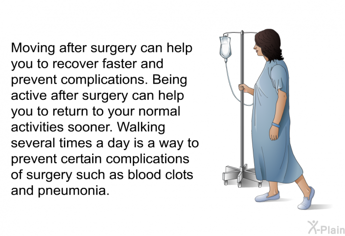 Moving after surgery can help you to recover faster and prevent complications. Being active after surgery can help you to return to your normal activities sooner. Walking several times a day is a way to prevent certain complications of surgery such as blood clots and pneumonia.