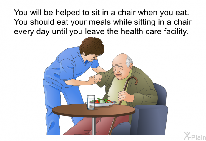 You will be helped to sit in a chair when you eat. You should eat your meals while sitting in a chair every day until you leave the health care facility.