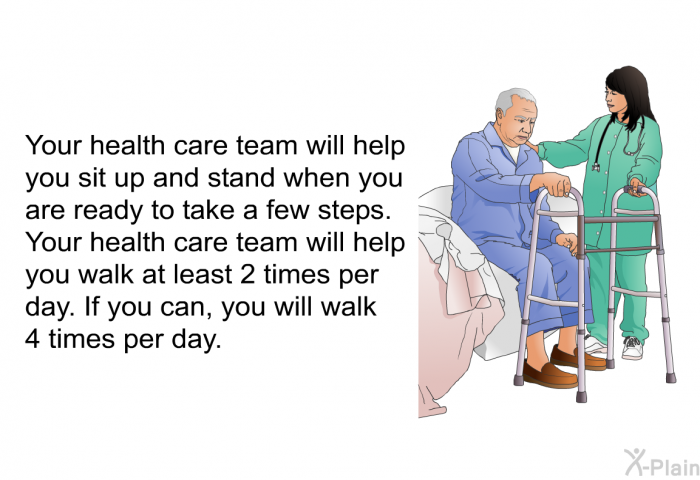 Your health care team will help you sit up and stand when you are ready to take a few steps. Your health care team will help you walk at least 2 times per day. If you can, you will walk 4 times per day.