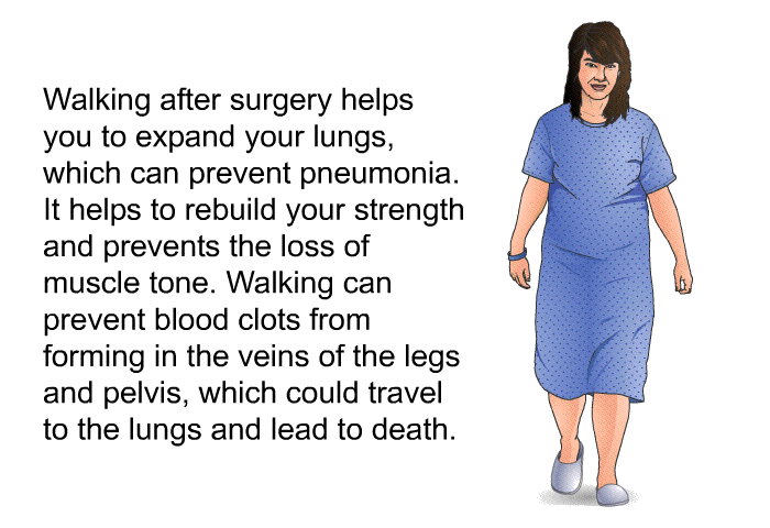 Walking after surgery helps you to expand your lungs, which can prevent pneumonia. It helps to rebuild your strength and prevents the loss of muscle tone. Walking can prevent blood clots from forming in the veins of the legs and pelvis, which could travel to the lungs and lead to death.