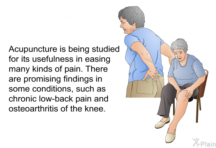 Acupuncture is being studied for its usefulness in easing many kinds of pain. There are promising findings in some conditions, such as chronic low-back pain and osteoarthritis of the knee.