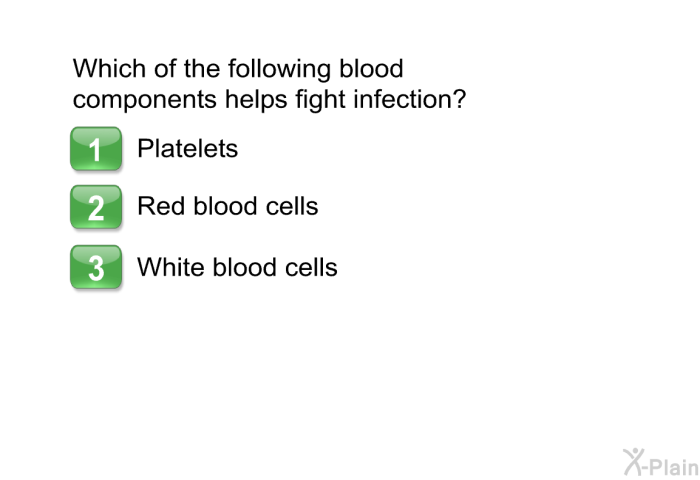 Which of the following blood components helps fight infection?  Platelets Red blood cells White blood cells