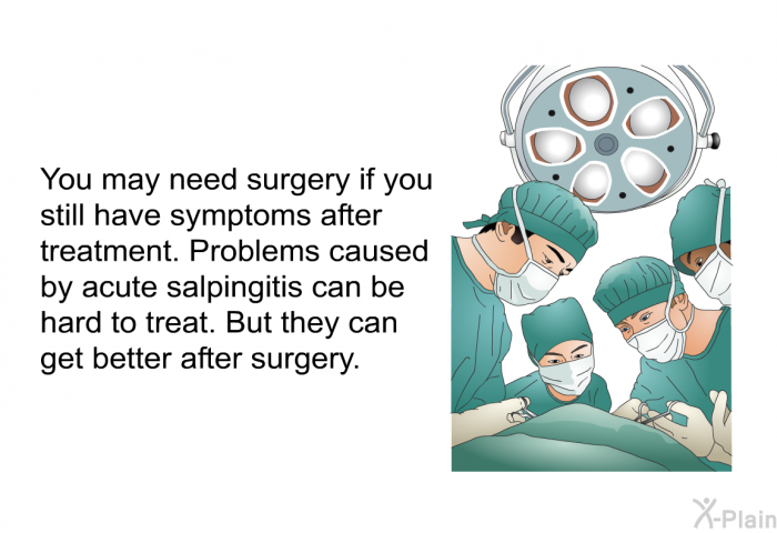 You may need surgery if you still have symptoms after treatment. Problems caused by acute salpingitis can be hard to treat. But they can get better after surgery.