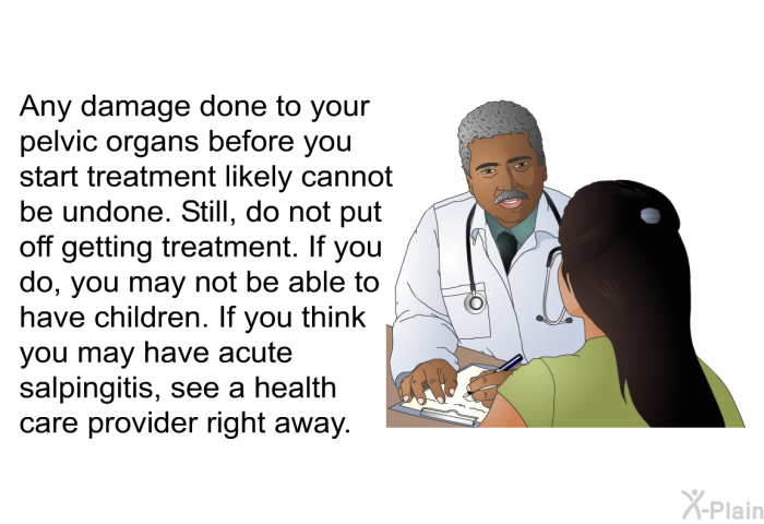 Any damage done to your pelvic organs before you start treatment likely cannot be undone. Still, do not put off getting treatment. If you do, you may not be able to have children. If you think you may have acute salpingitis, see a health care provider right away.