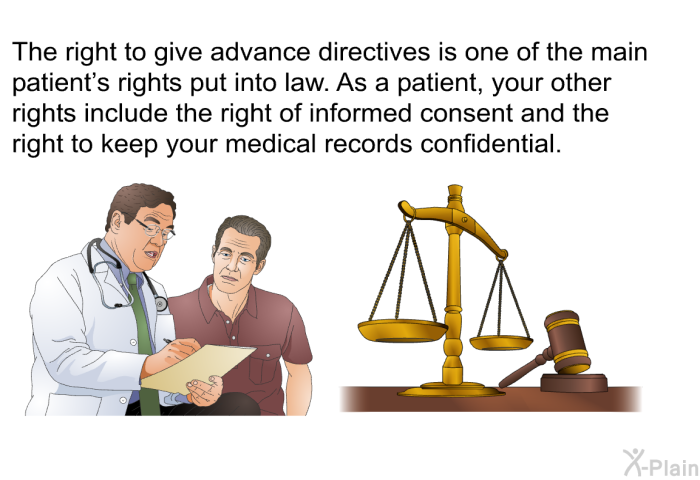 The right to give advance directives is one of the main patient's rights put into law. As a patient, your other rights include the right of informed consent and the right to keep your medical records confidential.