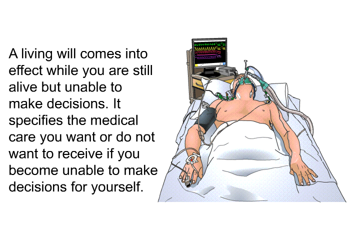 A living will comes into effect while you are still alive but unable to make decisions. It specifies the medical care you want or do not want to receive if you become unable to make decisions for yourself.