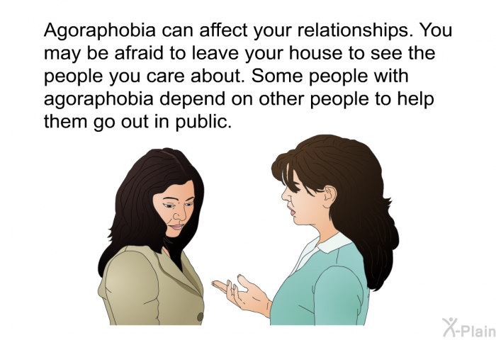 Agoraphobia can affect your relationships. You may be afraid to leave your house to see the people you care about. Some people with agoraphobia depend on other people to help them go out in public.