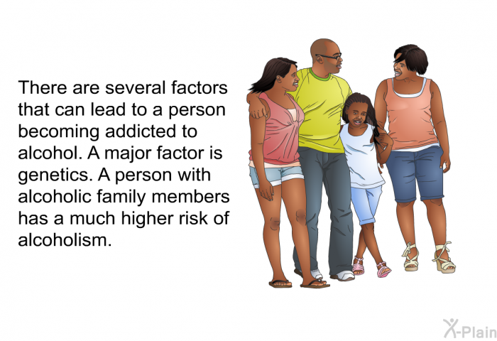 There are several factors that can lead to a person becoming addicted to alcohol. A major factor is genetics. A person with alcoholic family members has a much higher risk of alcoholism.