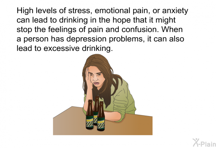 High levels of stress, emotional pain, or anxiety can lead to drinking in the hope that it might stop the feelings of pain and confusion. When a person has depression problems, it can also lead to excessive drinking.