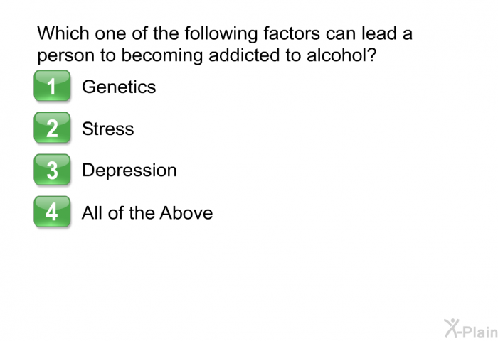 Which one of the following factors can lead a person to becoming addicted to alcohol?  Genetics Stress Depression All of the Above