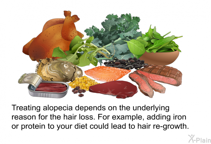 Treating alopecia depends on the underlying reason for the hair loss. For example, adding iron or protein to your diet could lead to hair re-growth.
