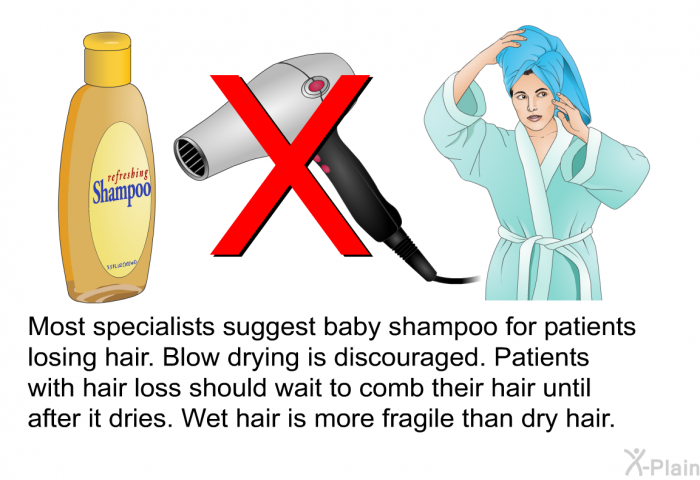 Most specialists suggest baby shampoo for patients losing hair. Blow drying is discouraged. Patients with hair loss should wait to comb their hair until after it dries. Wet hair is more fragile than dry hair.