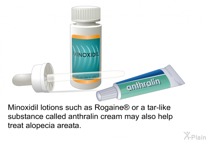 Minoxidil lotions such as Rogaine<SUP> </SUP> or a tar-like substance called anthralin cream may also help treat alopecia areata.