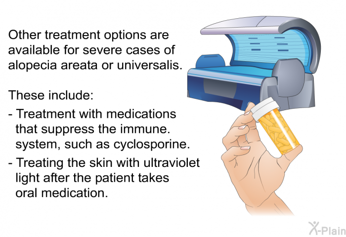 Other treatment options are available for severe cases of alopecia areata or universalis. These include:  Treatment with medications that suppress the immune system, such as cyclosporine. Treating the skin with ultraviolet light after the patient takes oral medication.