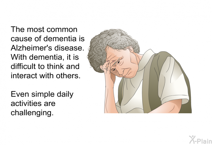 The most common cause of dementia is Alzheimer's disease. With dementia, it is difficult to think and interact with others. Even simple daily activities are challenging.