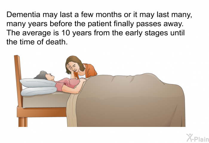 Dementia may last a few months or it may last many, many years before the patient finally passes away. The average is 10 years from the early stages until the time of death.
