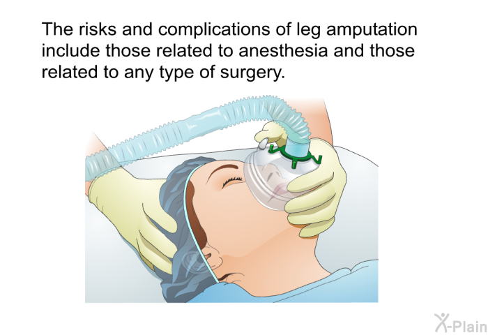 The risks and complications of leg amputation include those related to anesthesia and those related to any type of surgery.