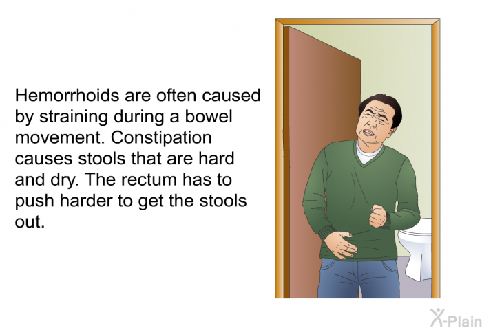 Hemorrhoids are often caused by straining during a bowel movement. Constipation causes stools that are hard and dry. The rectum has to push harder to get the stools out.