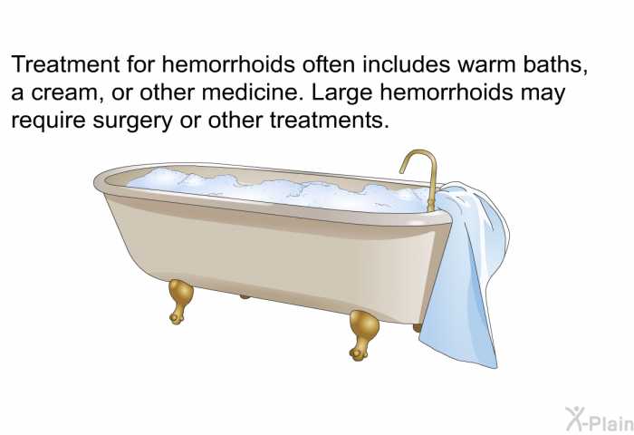 Treatment for hemorrhoids often includes warm baths, a cream, or other medicine. Large hemorrhoids may require surgery or other treatments.
