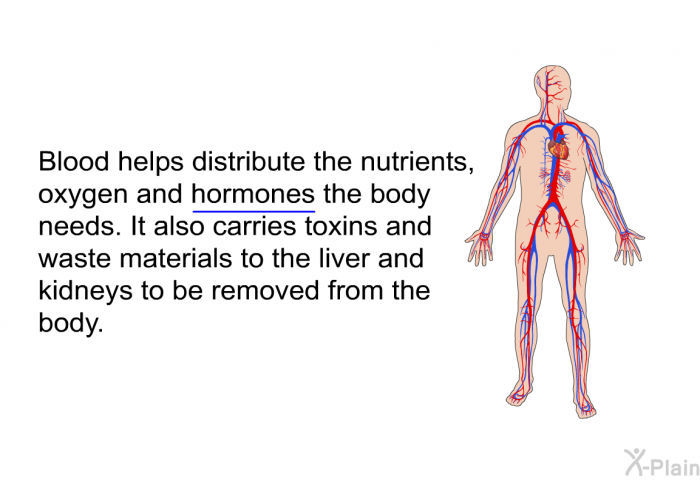 Blood helps distribute the nutrients, oxygen and hormones the body needs. It also carries toxins and waste materials to the liver and kidneys to be removed from the body.