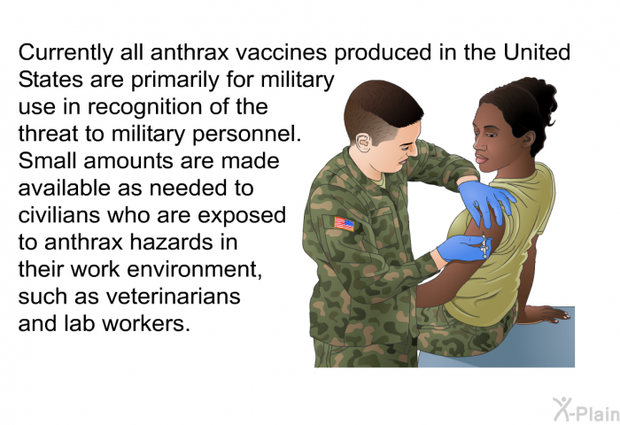 Currently all anthrax vaccines produced in the United States are primarily for military use in recognition of the threat to military personnel. Small amounts are made available as needed to civilians who are exposed to anthrax hazards in their work environment, such as veterinarians and lab workers.