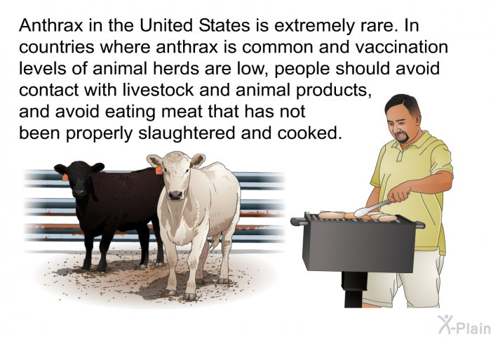 Anthrax in the United States is extremely rare. In countries where anthrax is common and vaccination levels of animal herds are low, people should avoid contact with livestock and animal products, and avoid eating meat that has not been properly slaughtered and cooked.