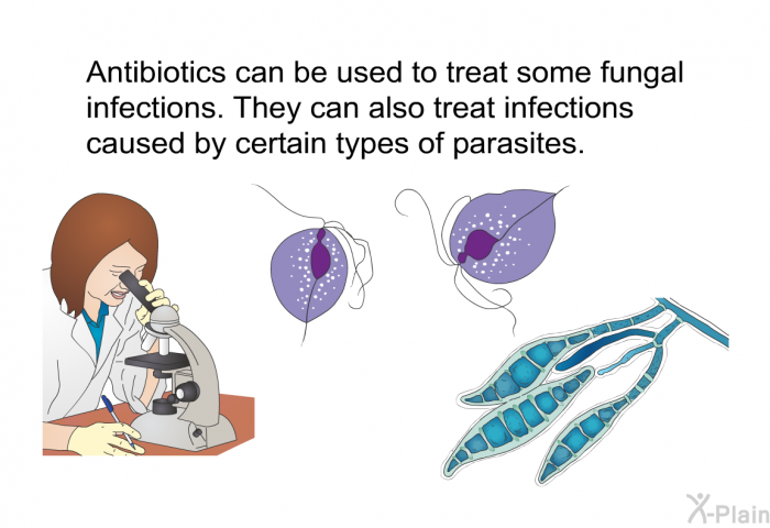 Antibiotics can be used to treat some fungal infections. They can also treat infections caused by certain types of parasites.