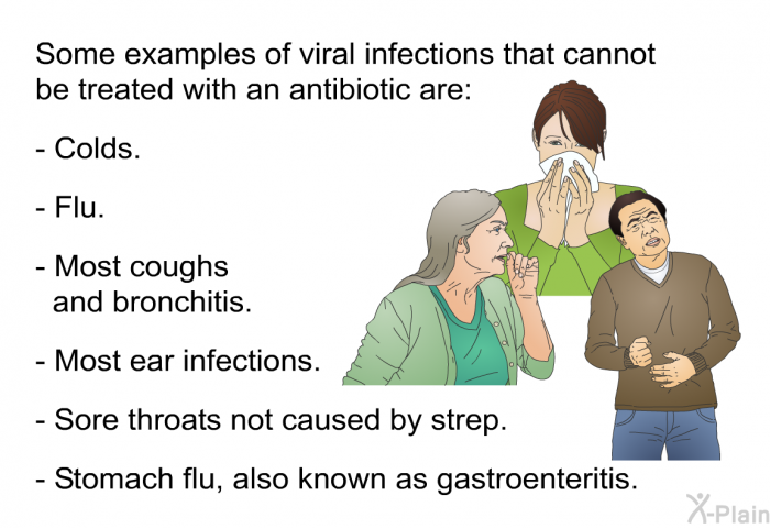 Some examples of viral infections that cannot be treated with an antibiotic are:  Colds. Flu. Most coughs and bronchitis. Most ear infections. Sore throats not caused by strep. Stomach flu, also known as gastroenteritis.