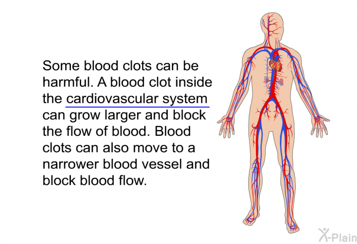 Some blood clots can be harmful. A blood clot inside the cardiovascular system can grow larger and block the flow of blood. Blood clots can also move to a narrower blood vessel and block blood flow.