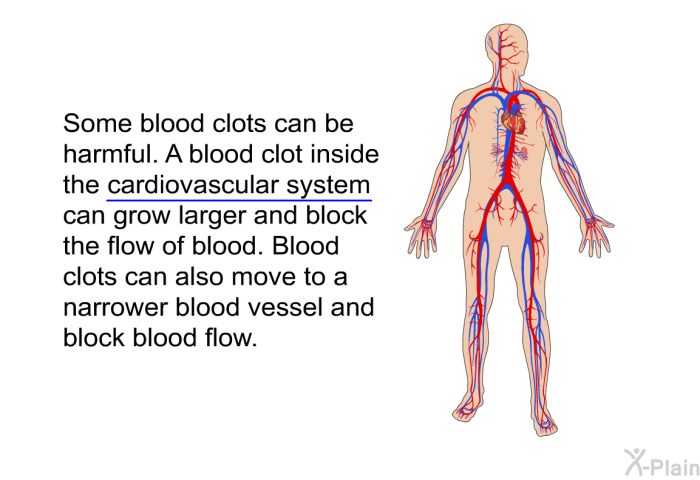 Some blood clots can be harmful. A blood clot inside the cardiovascular system can grow larger and block the flow of blood. Blood clots can also move to a narrower blood vessel and block blood flow.