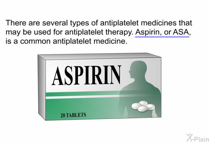 There are several types of antiplatelet medicines that may be used for antiplatelet therapy. Aspirin, or ASA, is a common antiplatelet medicine.