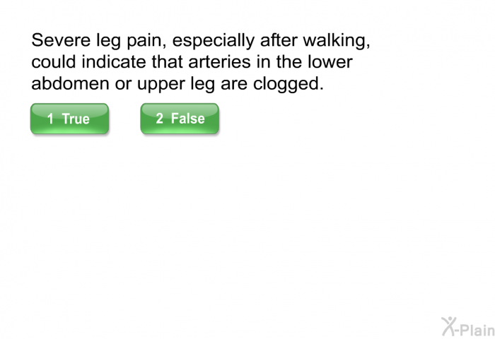 Severe leg pain, especially after walking, could indicate that arteries in the lower abdomen or upper leg are clogged.