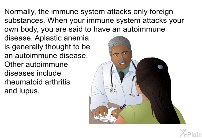 Normally, the immune system attacks only foreign substances. When your immune system attacks your own body, you are said to have an autoimmune disease. Aplastic anemia is generally thought to be an autoimmune disease. Other autoimmune diseases include rheumatoid arthritis and lupus.