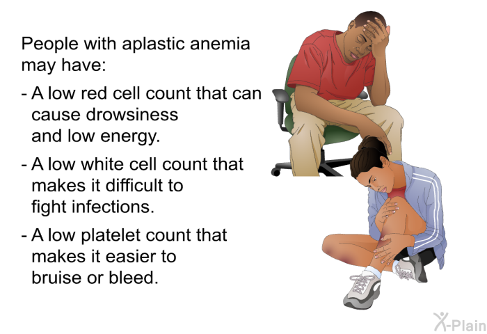 People with aplastic anemia may have:  A low red cell count that can cause drowsiness and low energy. A low white cell count that makes it difficult to fight infections. A low platelet count that makes it easier to bruise or bleed.
