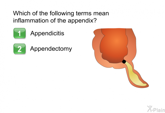 Which of the following terms mean inflammation of the appendix?  Appendicitis Appendectomy