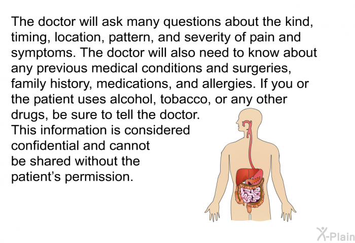 The doctor will ask many questions about the kind, timing, location, pattern, and severity of pain and symptoms. The doctor will also need to know about any previous medical conditions and surgeries, family history, medications, and allergies. If you or the patient uses alcohol, tobacco, or any other drugs, be sure to tell the doctor. This information is considered confidential and cannot be shared without the patient's permission.