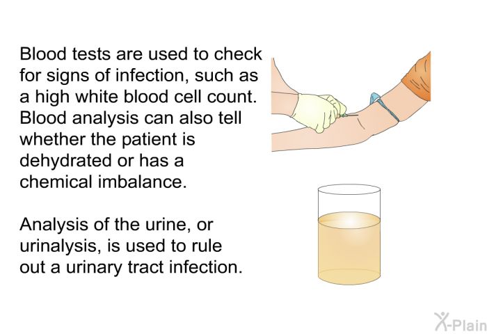 Blood tests are used to check for signs of infection, such as a high white blood cell count. Blood analysis can also tell whether the patient is dehydrated or has a chemical imbalance. Analysis of the urine, or urinalysis, is used to rule out a urinary tract infection.