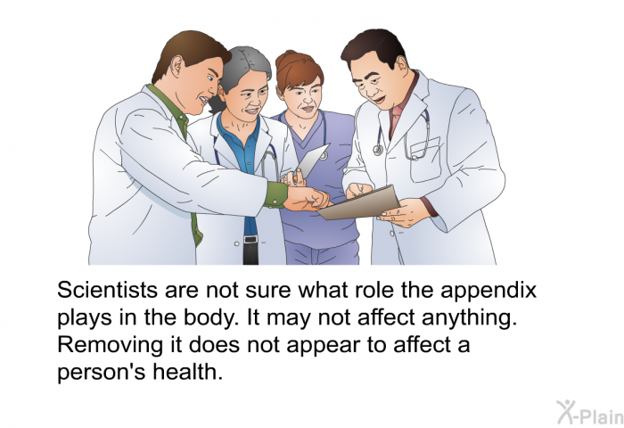 Scientists are not sure what role the appendix plays in the body. It may not affect anything. Removing it does not appear to affect a person's health.