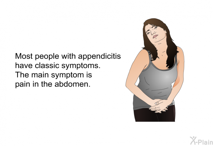 Most people with appendicitis have classic symptoms. The main symptom is pain in the abdomen.