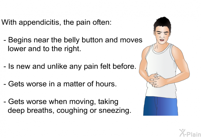 With appendicitis, the pain often:  Begins near the belly button and moves lower and to the right. Is new and unlike any pain felt before. Gets worse in a matter of hours. Gets worse when moving, taking deep breaths, coughing or sneezing.