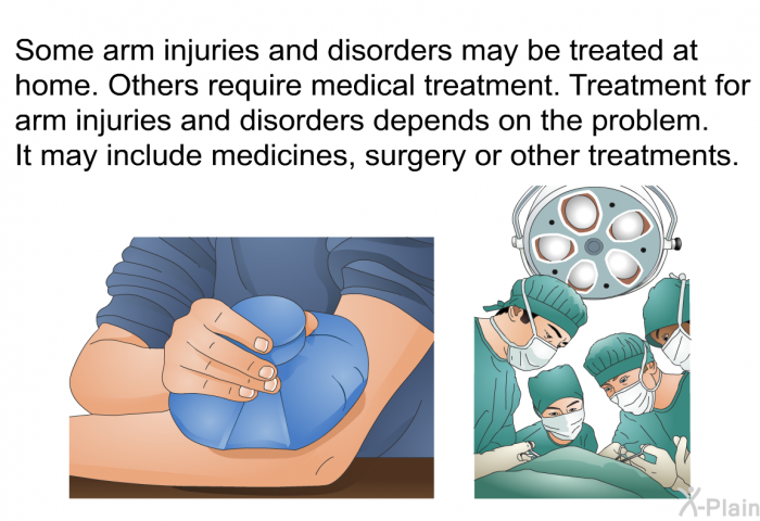 Some arm injuries and disorders may be treated at home. Others require medical treatment. Treatment for arm injuries and disorders depends on the problem. It may include medicines, surgery or other treatments.