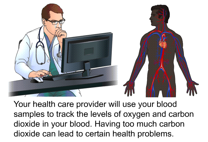Your health care provider will use your blood samples to track the levels of oxygen and carbon dioxide in your blood. Having too much carbon dioxide can lead to certain health problems.