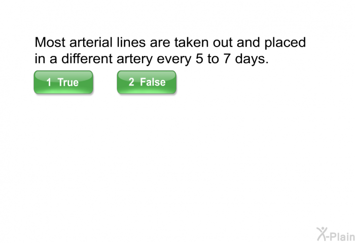 Most arterial lines are taken out and placed in a different artery every 5 to 7 days.