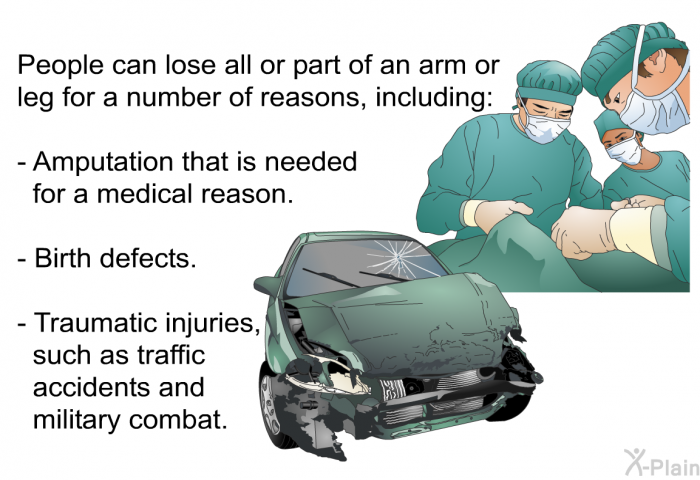 People can lose all or part of an arm or leg for a number of reasons, including:  Amputation that is needed for a medical reason. Birth defects. Traumatic injuries, such as traffic accidents and military combat.