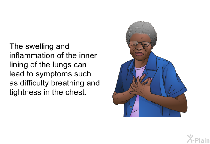 The swelling and inflammation of the inner lining of the lungs can lead to symptoms such as difficulty breathing and tightness in the chest.