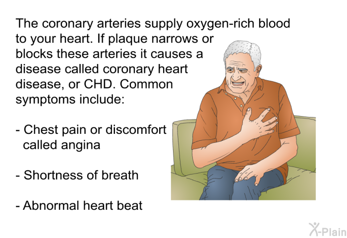 The coronary arteries supply oxygen-rich blood to your heart. If plaque narrows or blocks these arteries it causes a disease called coronary heart disease, or CHD. Common symptoms include:  Chest pain or discomfort called angina Shortness of breath Abnormal heart beat