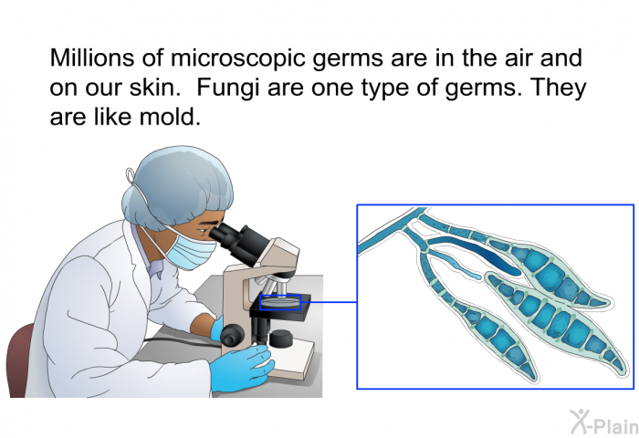 Millions of microscopic germs are in the air and on our skin. Fungi are one type of germs. They are like mold.