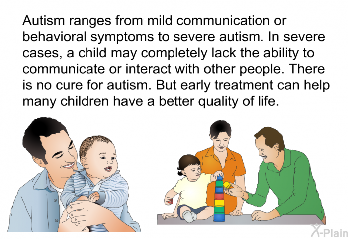 Autism ranges from mild communication or behavioral symptoms to severe autism. In severe cases, a child may completely lack the ability to communicate or interact with other people. There is no cure for autism. But early treatment can help many children have a better quality of life.